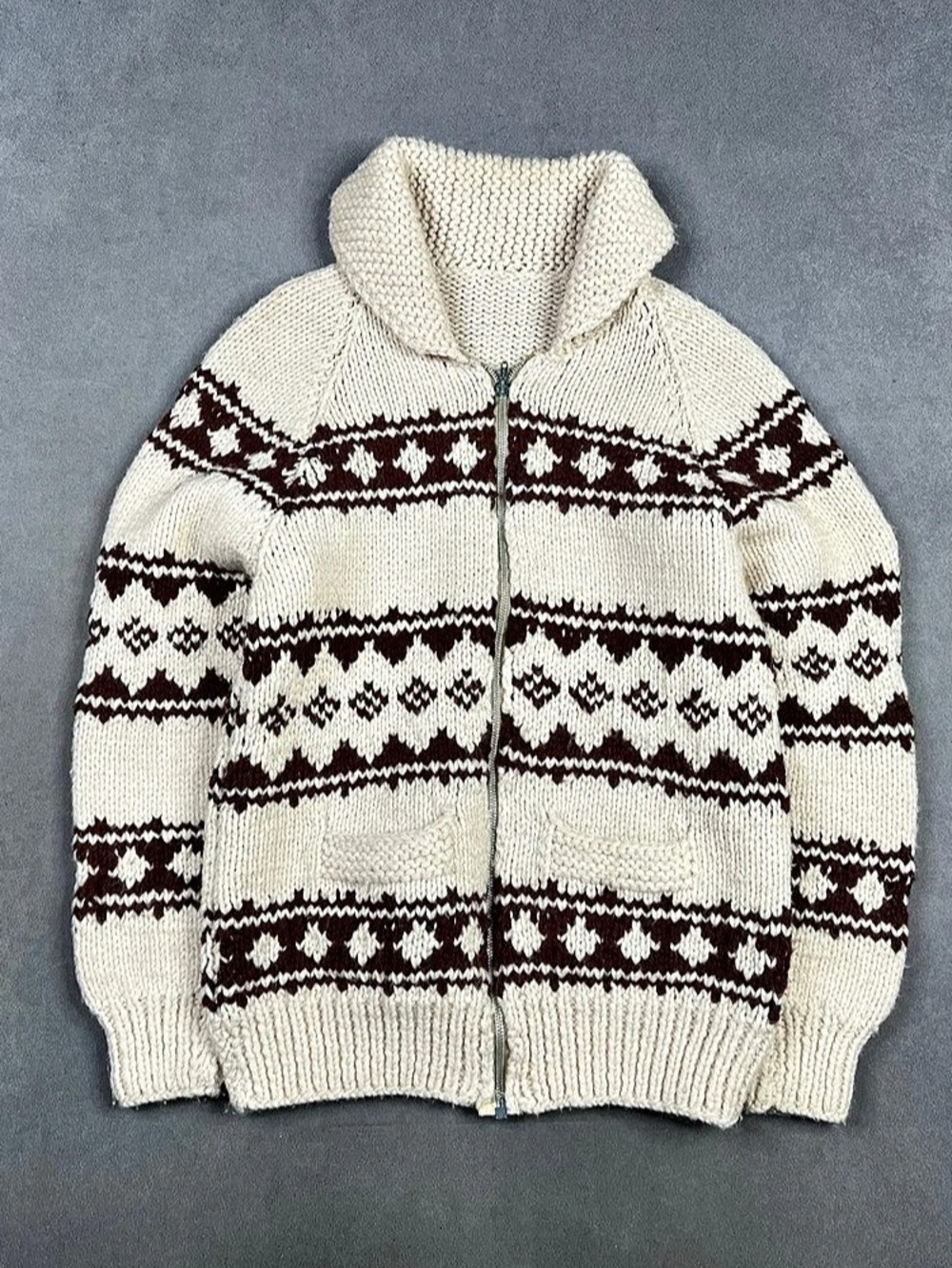 Vintage Cowichan Wool Knit Cowl Sweater in Cream & Brown